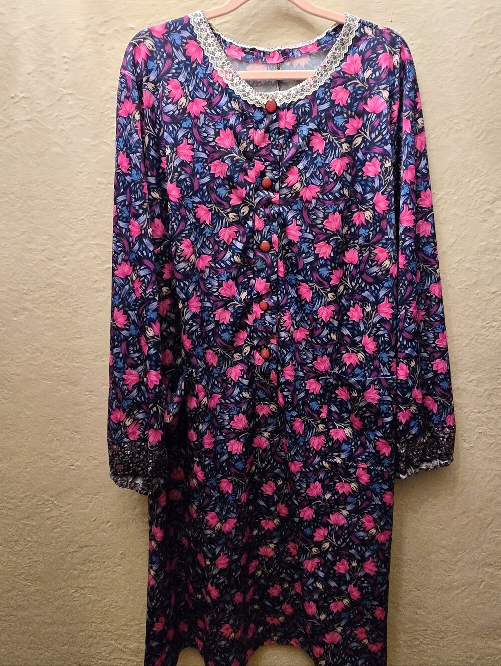 Vintage Handmade Floral Cottagecore Midi Dress w Lace Trim Belted